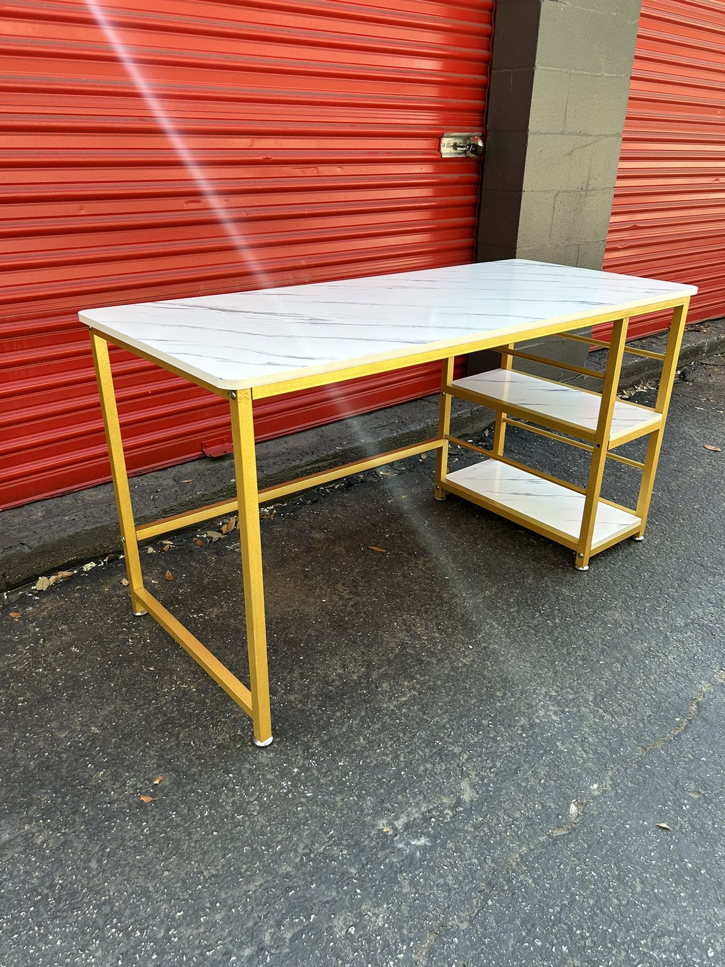 White Faux Marble and Gold Desk