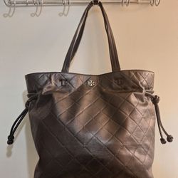 Tory Burch Black Georgia Quilted Look Slouchy Tote Bag