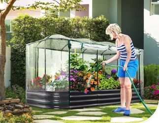 Raised Garden Bed with Sprinkler Timer and Self-Watering System, 8x3x1 ft Elevated Planter Boxes Outdoor with Mesh Cover, Galvanized Raised Beds for,V