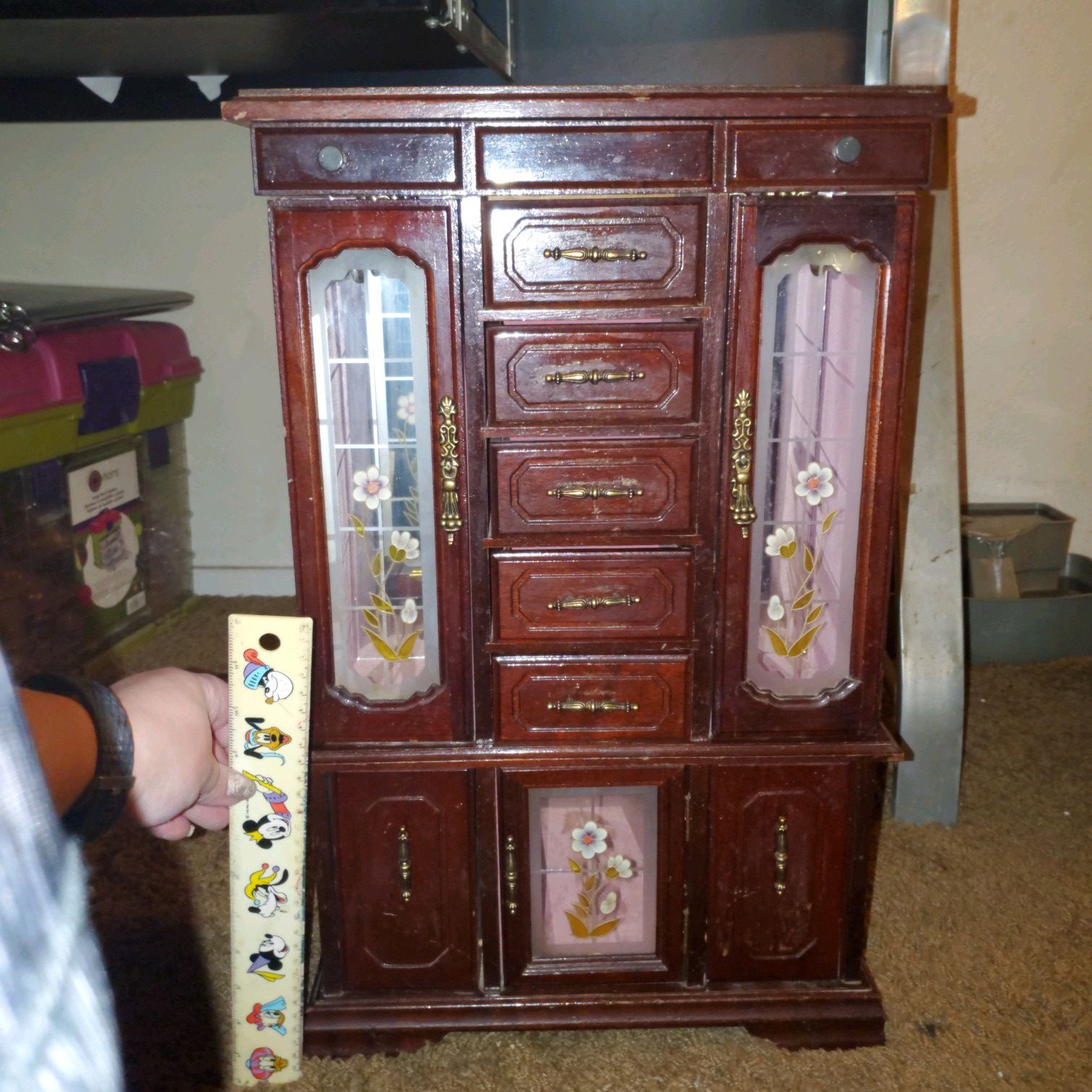 Vintage Cherry Wood Jewelry Cabinet/Wooden Jewelry Display/Antique Jewelry Armour with Painted Flower Windows 21" x 13"