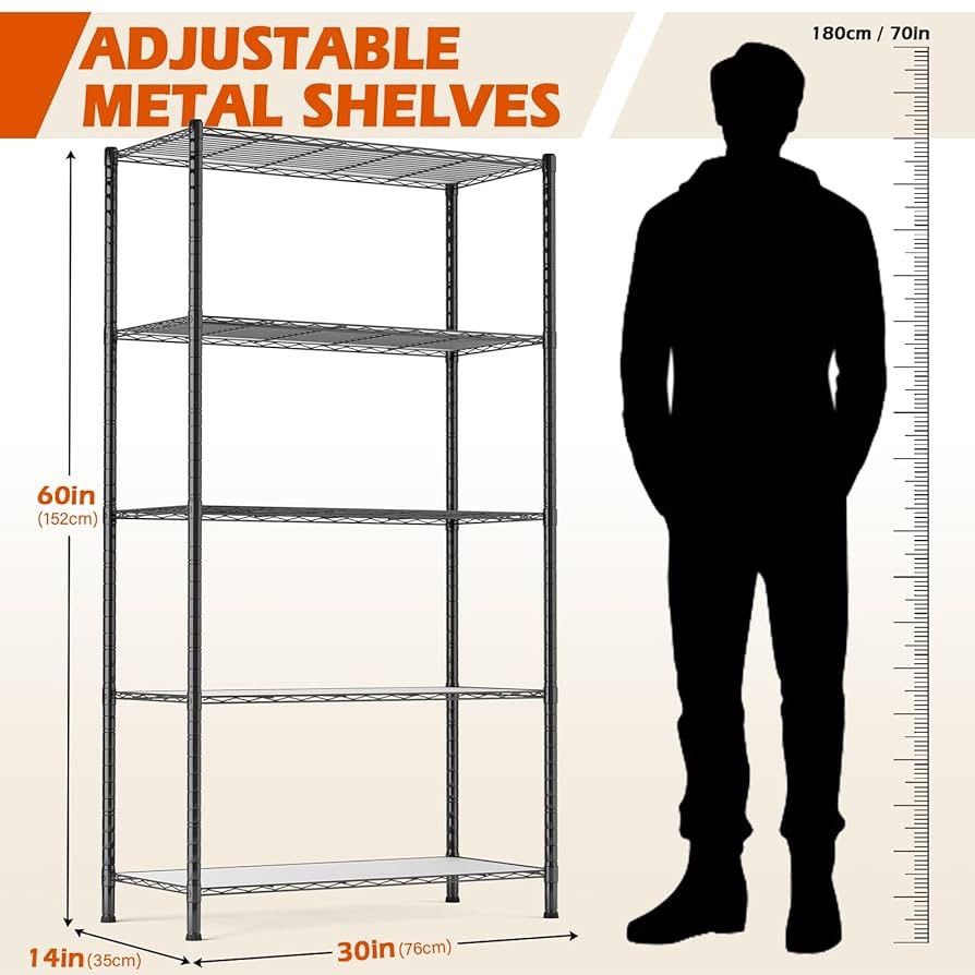 SKU：200-5 5-Tier Storage Shelves, Adjustable Shelving Unit 150 lbs Loading Capacity, Steel Garage Shelf, Pantry Shelves with 5pcs Liners, 30''W x 14''