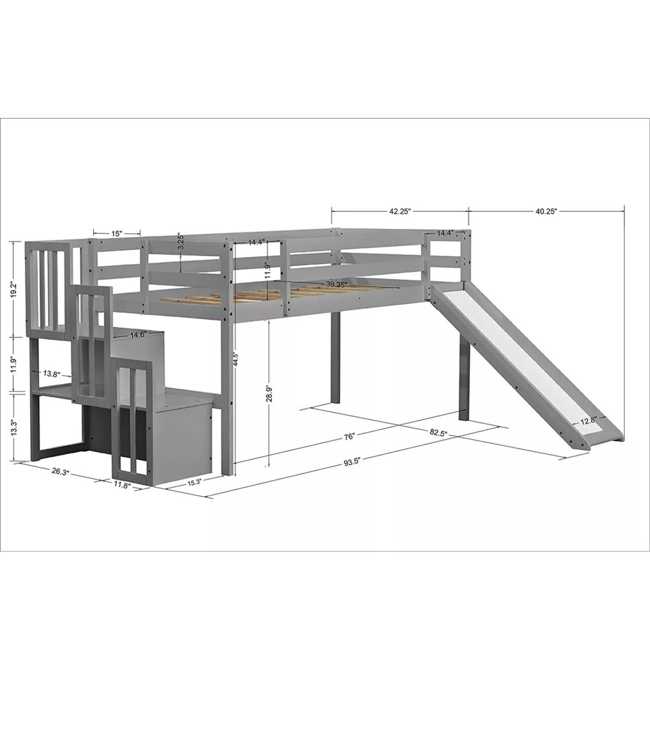 Low Loft Bed with Slide and Staircase Twin Size Bed Frames Wooden Platform Bed