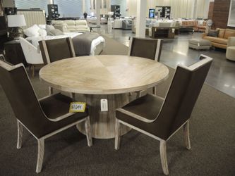 IFD Group / Perennial Home Blanco Dining Round Dining Table with Chairs - Natural White Washed Wood With Dark Upholstered Chairs | Dinette Set