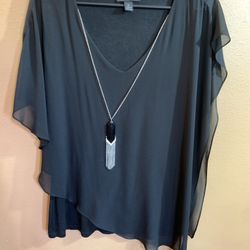 BCX Women's Elegant Black Layered Asymmetric Blouse with attached Necklace XL