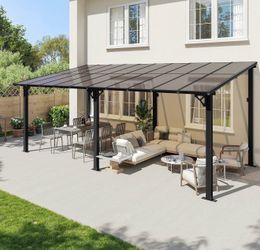 20' x 10' Gazebo for Patio, Gazebo Pergola with Sloped Roof, Large Wall-Mounted Heavy Duty Awnings, for Backyard, Deck, Patio (Black)