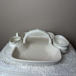 Vintage Shafford Japan White Basketweave Divided Serving Tray with Creamer & Sugar Bowl Set 1028