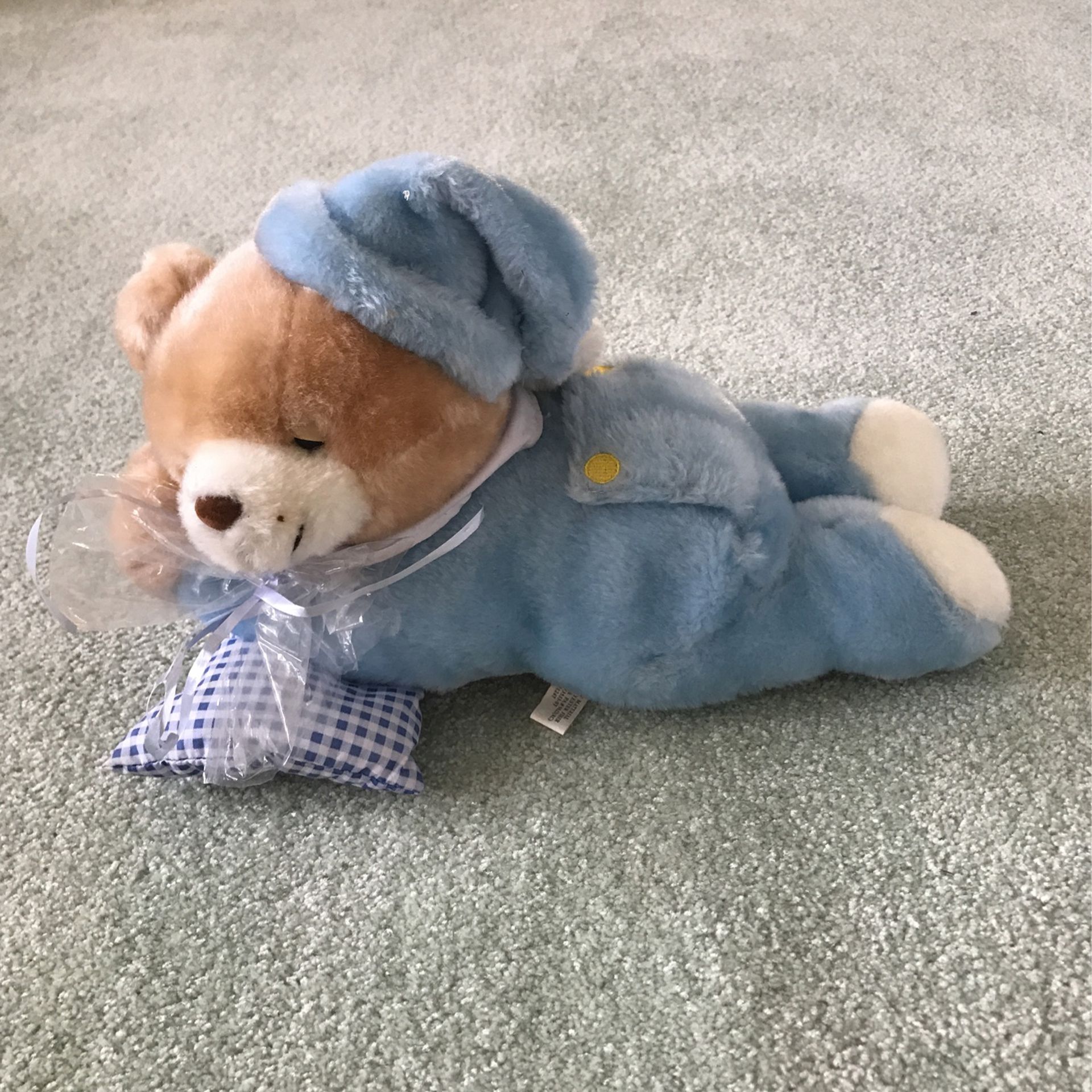 Cute Approximately 15” Plush Bear In Blue Sleeper, Night Hat And With Pillow
