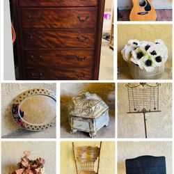 Stuff-Piano, Dresser, guitar, chairs and table set, flower vase, candle holder, music, vase, wall decor, cross
