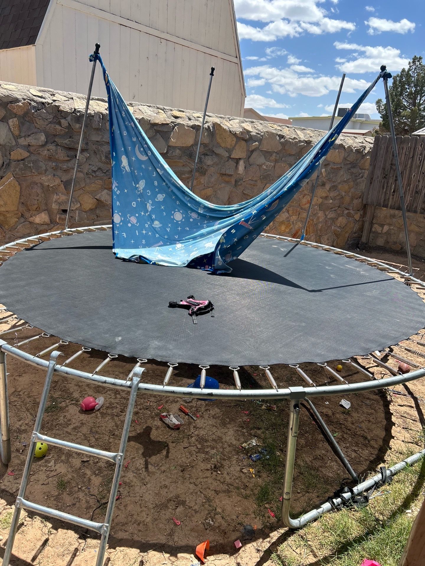 Trampoline no net and missing poles . The trampoline itself has no holes and works greats