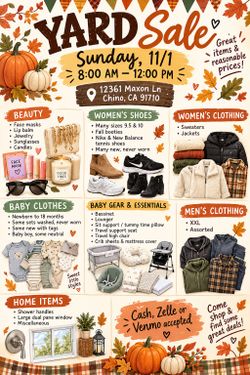 Yard Sale 11/1 Rain or Shine