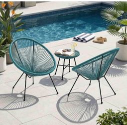 Patio Lounge Chair Set of 2, Teal PE Rattan Open-Weave Round Accent Chairs with Rust-Resistant Black Metal Frame for Poolside, Deck, Balcony (Teal, Ir