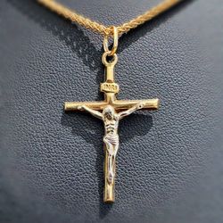 Jewelry 10k Solid Two Tone Yellow Gold Cross Jesus Religious Cross Pendant charm