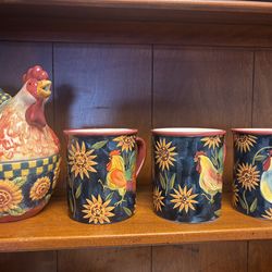 Rooster & Sunflower Ceramic Set (Teapot + 3 Mugs)