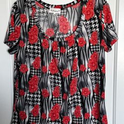 Aronia Red Rose & Black Short Sleeve Blouse – Size 1XL – Romantic Floral