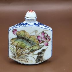Estate Chinese Porcelain Snuff Bottle Lotus Calligraphy 