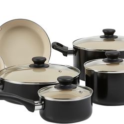Amazon Basics Ceramic Nonstick Pots and Pans 11 Piece Cookware Set, made without PFOA & PTFE, Black/Cream