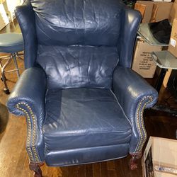 Two Blue Leather Nail-head Wingback Reclining Chairs 