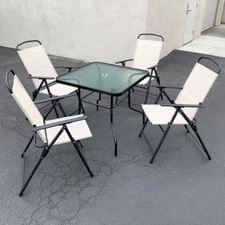 (Brand New) $100 Outdoor 5 Piece Patio Set (32x32” Table and 4pc Folding Chairs) Garden Furniture