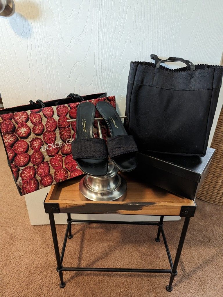 Prada Blk Elastico Girdle Mules with matching Tote Style Bag Sz.9