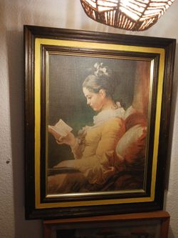 A young girl reading framed reproduction vintage print from classic 18th century