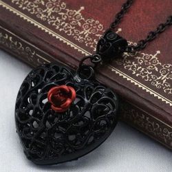 Brand New Beautiful Red Rose Black Heart Pendant Necklace 