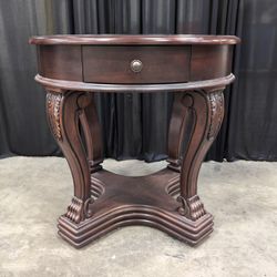 Round Dark Wood End Table with Starburst Inlay