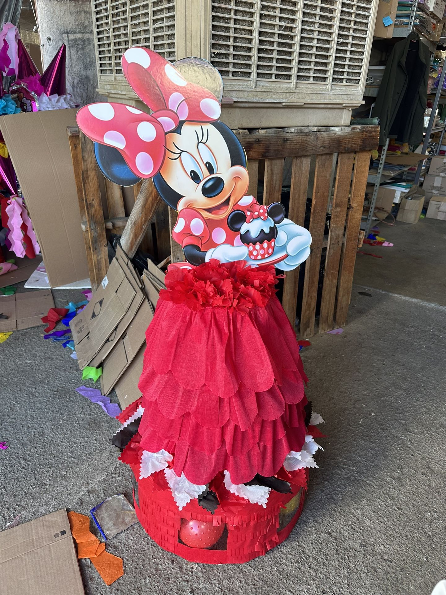 Red Minnie Mouse Dress Style Tower Pinata With Balls
