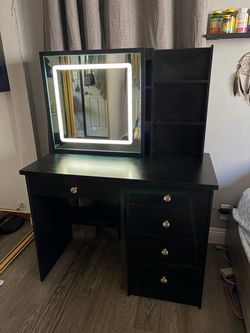 Black Vanity Desk with LED Mirror and Drawers