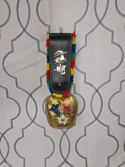Vintage Wengen Switzerland Brass Cowbell Hand Painted Flowers 11" Strap