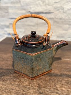 Vintage Studio Art Pottery Teapot Hexagonal Hand-Thrown Bamboo Handle Excellent