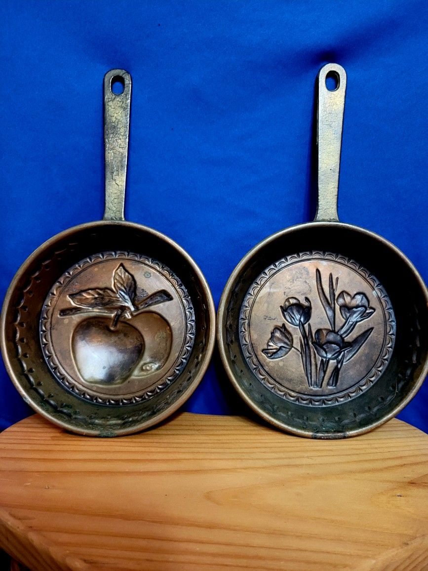 2 Vintage Copper Mold Pans, French Cookie Pan ,Pancake Make Rustic Kitchen Decor