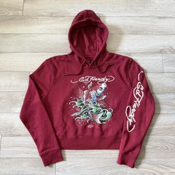 Ed Hardy Koi Fish Burgundy Cropped Style  Pullover Hoodie Sweater