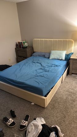 Cream Upholstered Bed Frame with Headboard and drawers