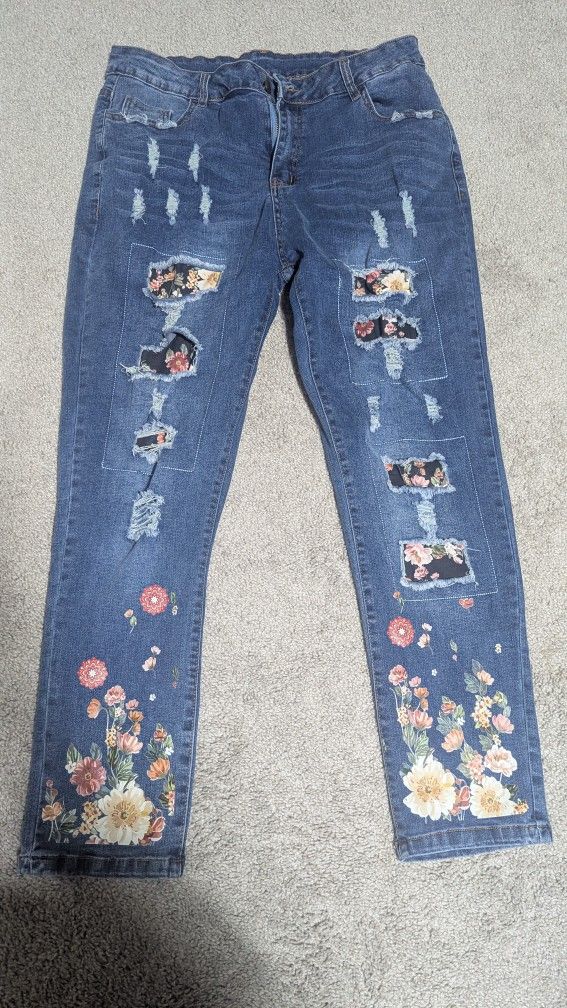 Jeans for Womens Ripped Floral Patchwork Jeans Destroyed Slim Fit Denim Pants Size XL