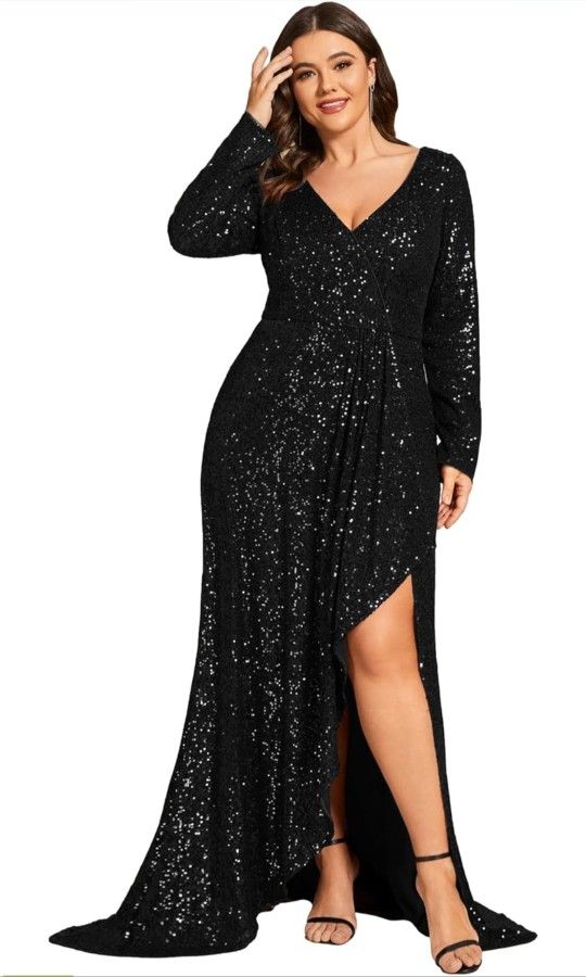 Ever-Pretty Women's V-neck Sequin A-Line Pleated Long Sleeves Midi Plus Size Dress Ball Gowns