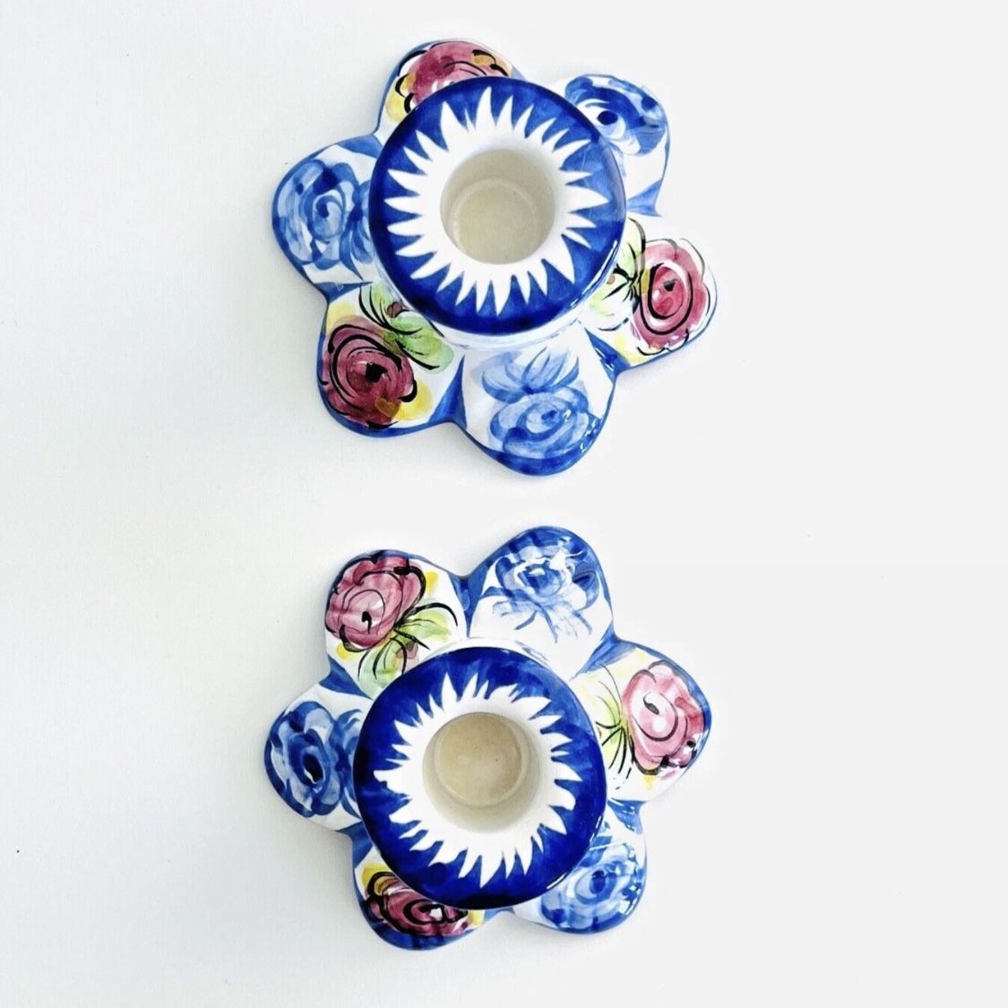 Vintage Pair Porta Hand Painted Floral Ceramic Taper Candleholders PORTUGAL