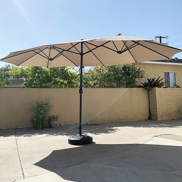 (Brand New) $130 Large Double Sided Outdoor (15ft Umbrella and 65lbs Plastic Base set) Beige color