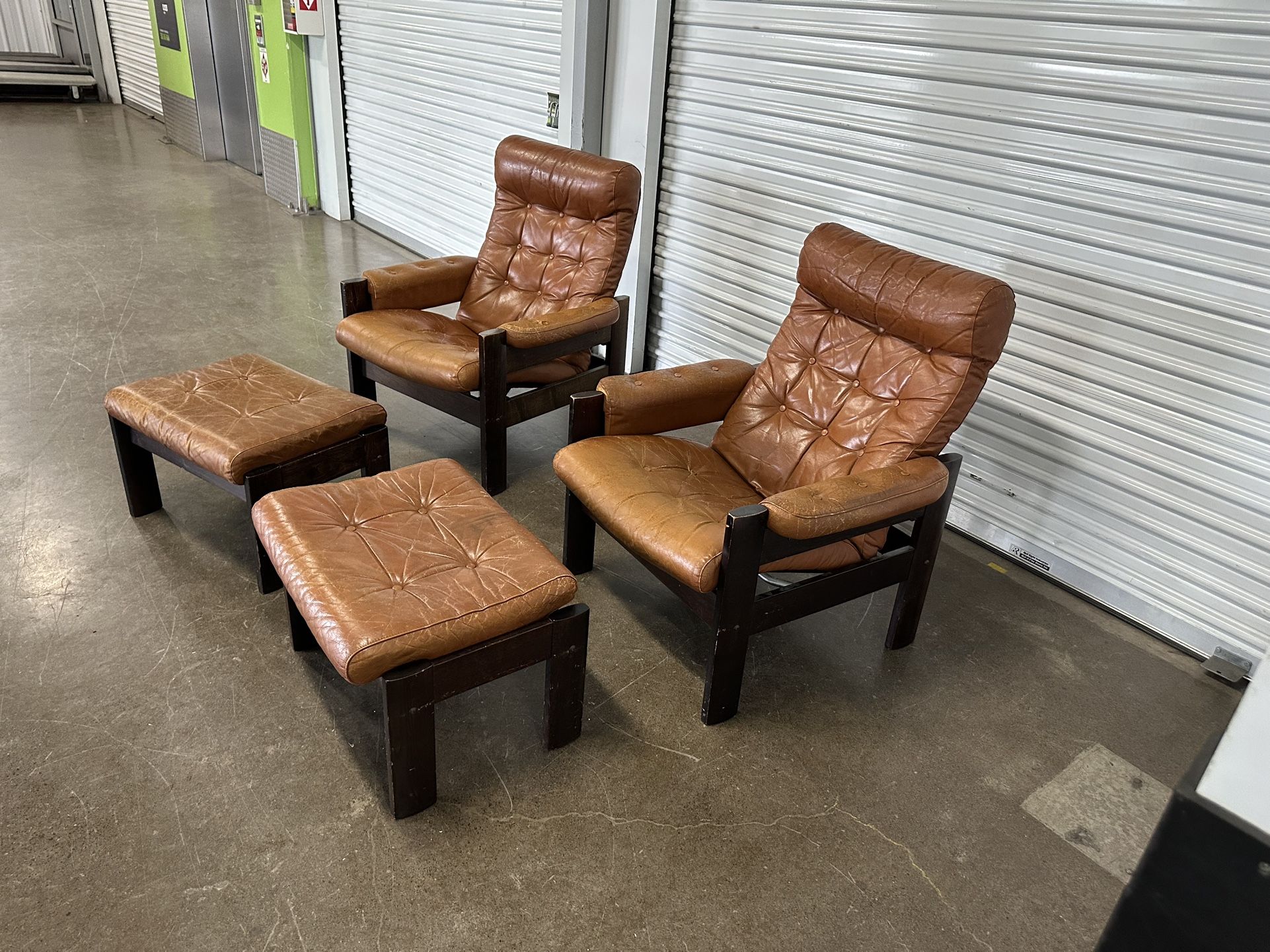 Pair Vintage Teak Leather Chair Ottoman