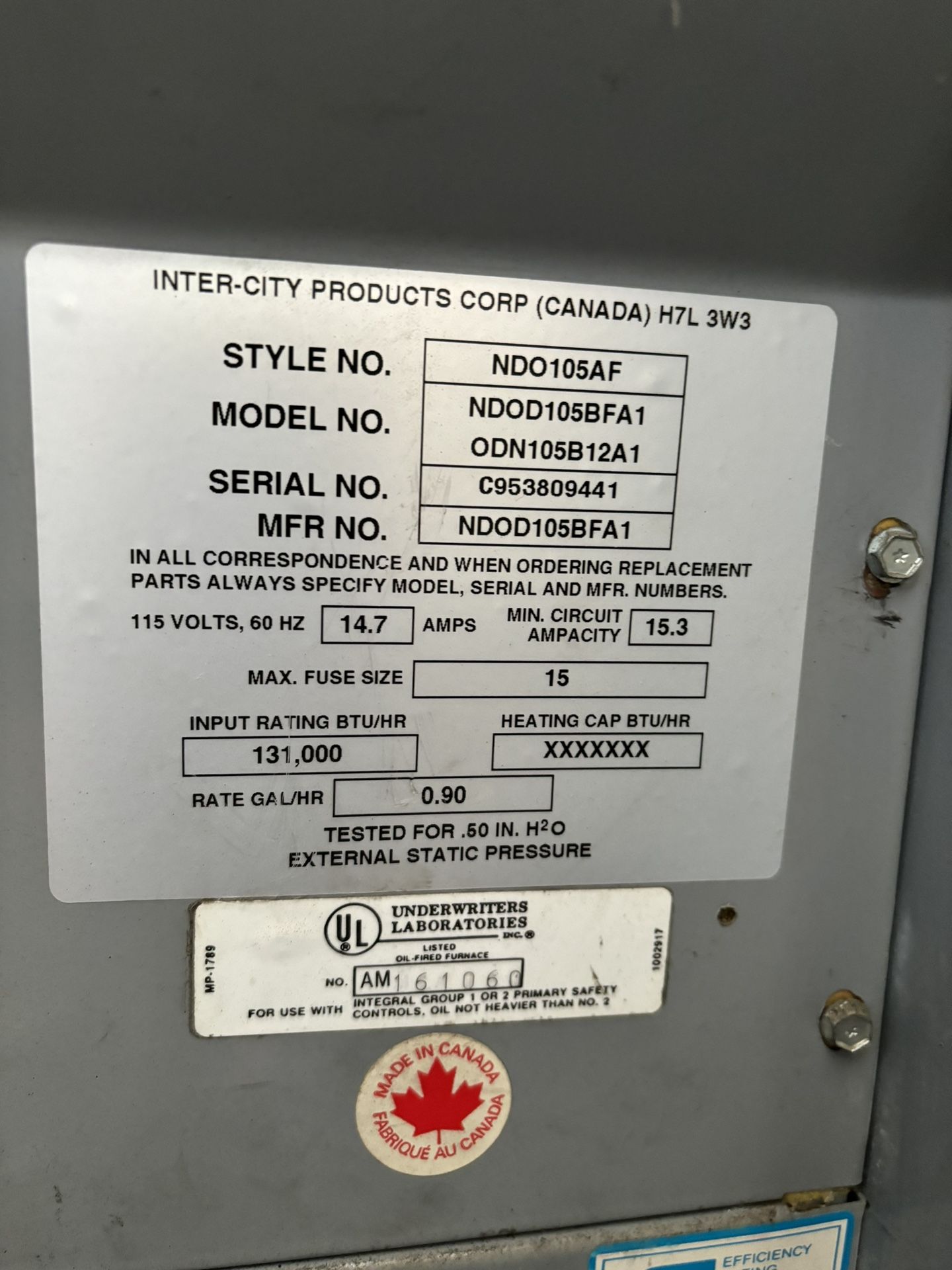 131,000 BTU Oil Furnace