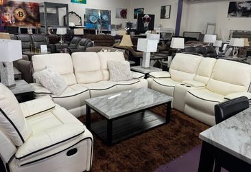 3PC White recliner sofa set chair loveseat and sofa with black stripe