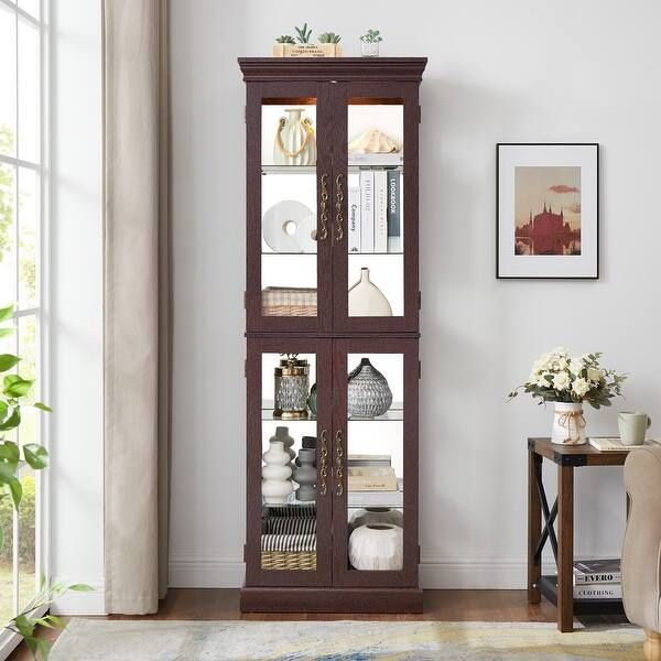NEW. Lighted Glass Curio Display Cabinet,Display Cabinet,Glass Storage Cabinet Glass Wine cabinet Wood Frame Toy Display