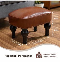 Rustic Leather Ottoman Footrest Stool Bench Seat w/ Wood Legs Brown Small
