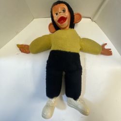 Vintage 20” Mr. Bim Zip Zippy Plush Monkey w Banana Stuffed Toy Rubber Face Read