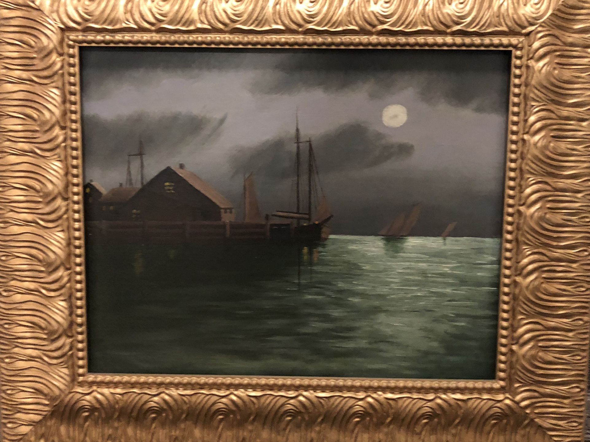Moonlit Maine Harbor Oil Painting