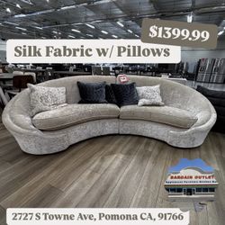 Silk Fabric Rounded Sofa With Pillows 