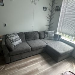 Grey Sectional Pull Out With Storage Chaise 