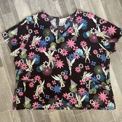 Scrub Top Shirt Blouse Tinker Bell Disney Pockets Women's XL