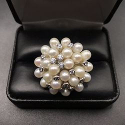 925 Sterling Silver Pearl Cluster Cocktail Ring Size 7