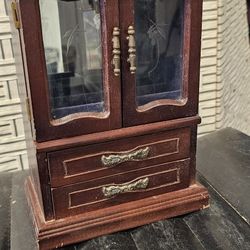 Vintage Wooden Jewelry Box With Etched Glass Doors & 2  Drawers 1980s Used 