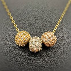 10k solid yellow gold 3 tone balls CZ stones charm necklace 17” chain